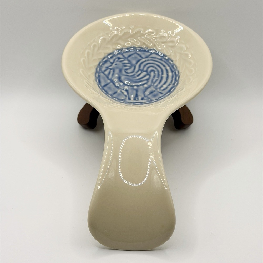 Longaberger Pottery American Craft Ivory & Blue Rooster Spoon Rest EUC
